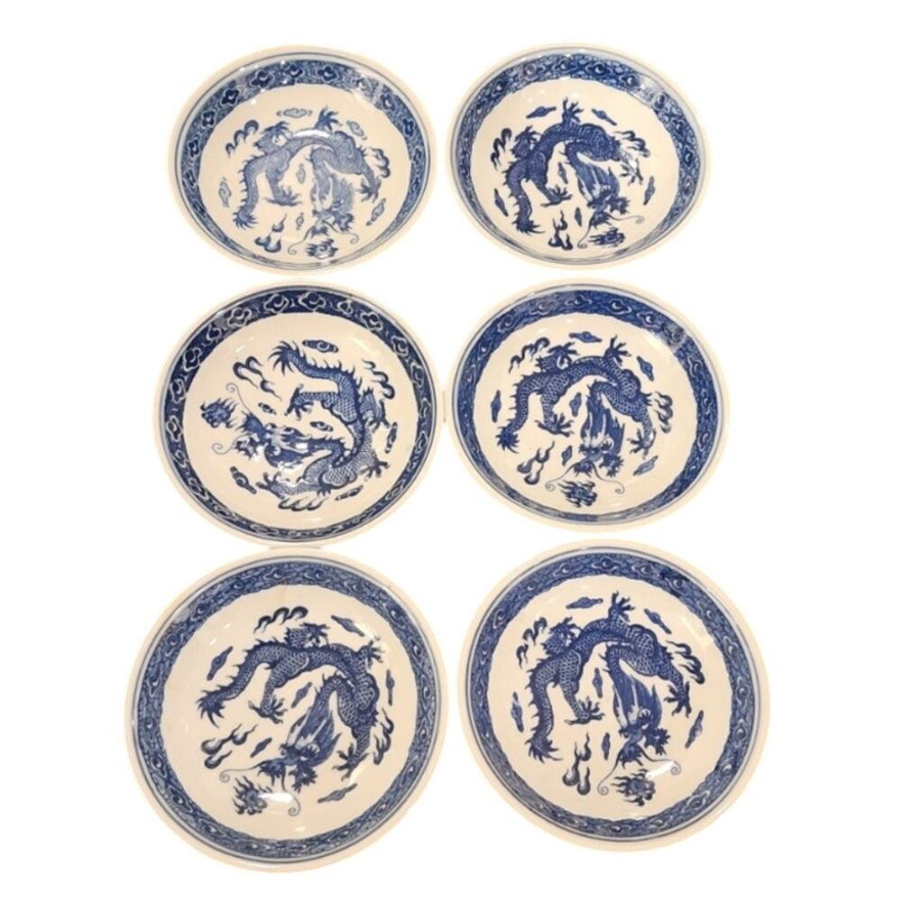 Vintage Chinese Dragon Small Dishes Bowls 4 Inch Set of 6 Porcelain Dipping